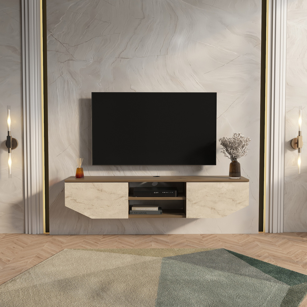 Decorotika Hera 2 Door 2 Shelf Walnut Travertine Wall Mounted TV Unit Image 7