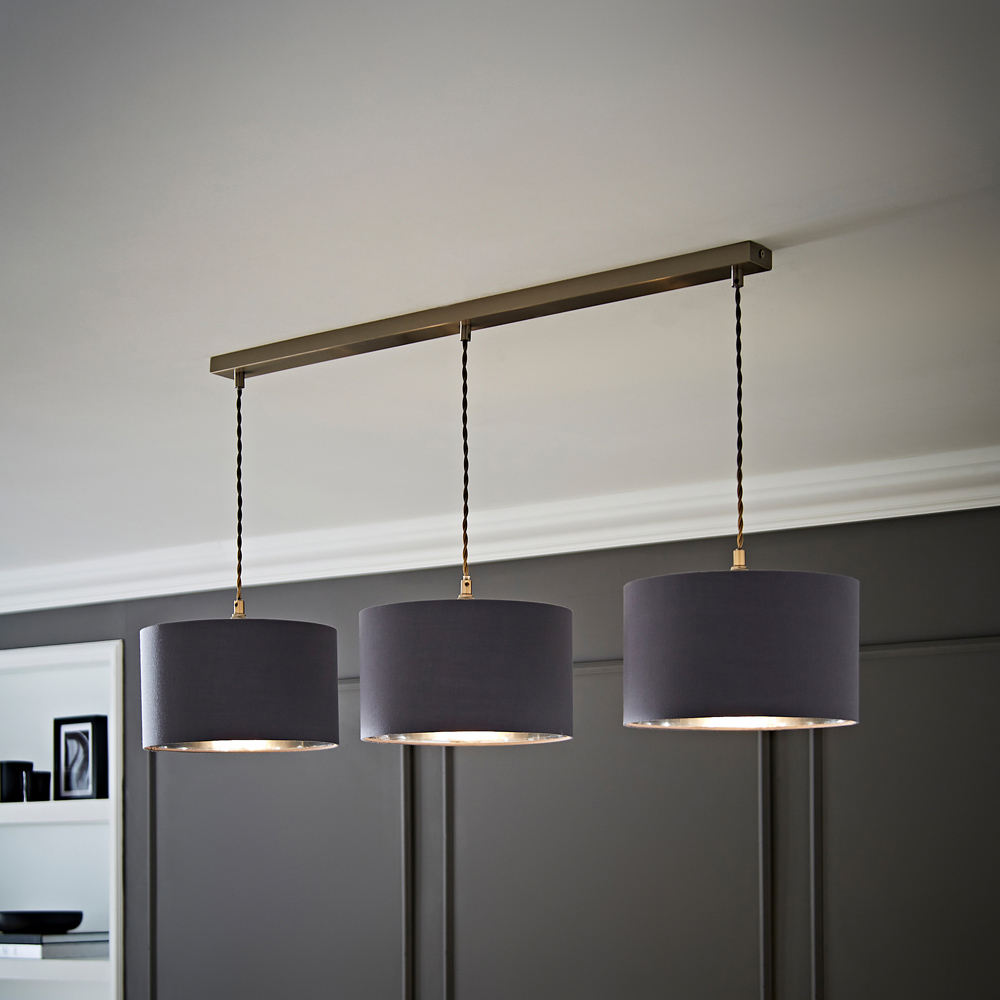 ValueLights Reni Grey and Chrome Drum Shade 3 Drop Bar Chrome Diner LED Ceiling Light Image 2
