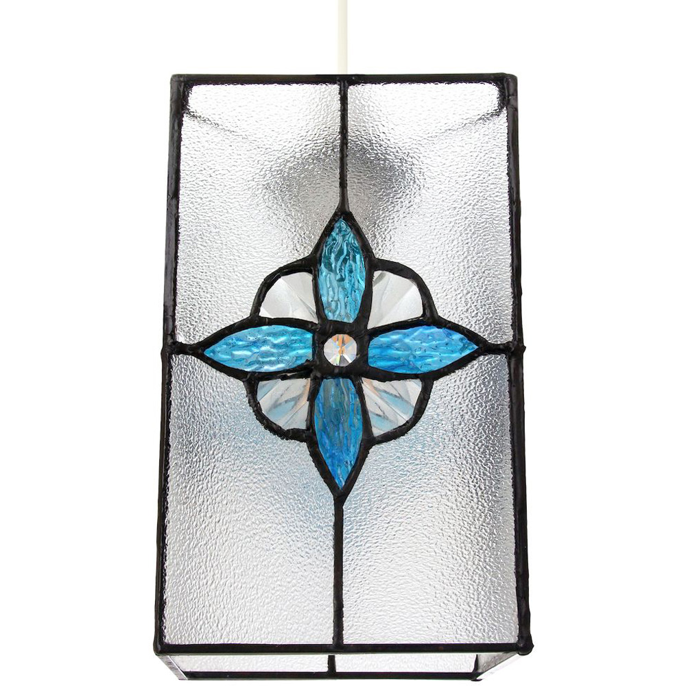 Happy Homewares Clear Glass Traditional Tiffany Style Pendant Shade with Teal Panels Image 1