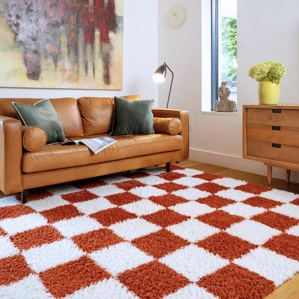 Kukoon Checkers Gigi Rust Terracotta and Cream Checkerboard Soft Shaggy Rug 80 x 150cm Image 1