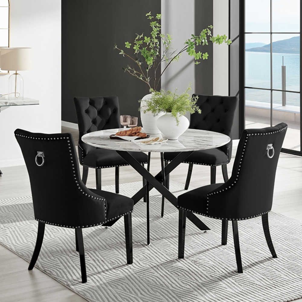 Furniturebox Arona Kensington 4 Seater Round Dining Set White Marble and Black Image 1