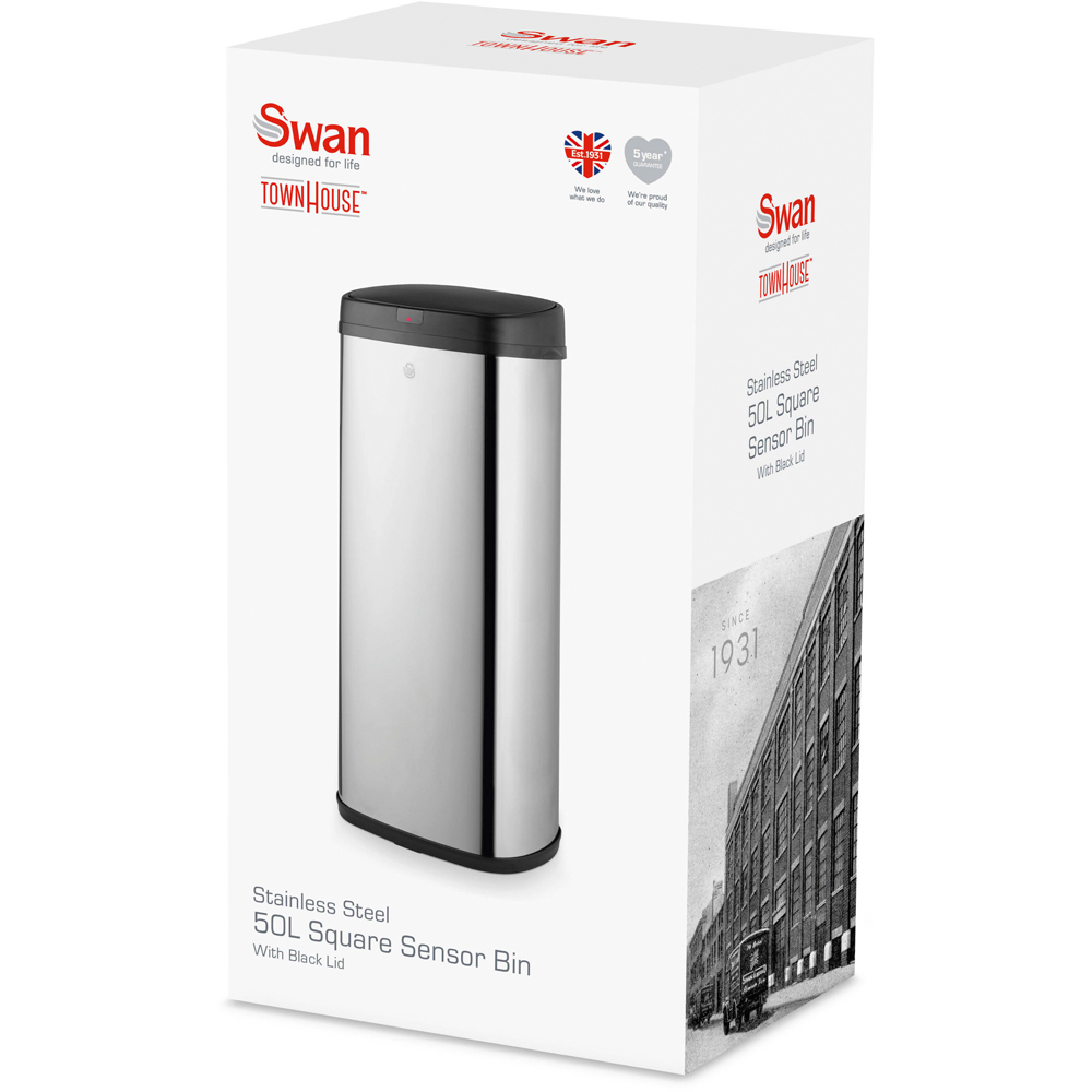 Swan Silver and Black Stainless Steel Square Sensor Bin 50L Image 2