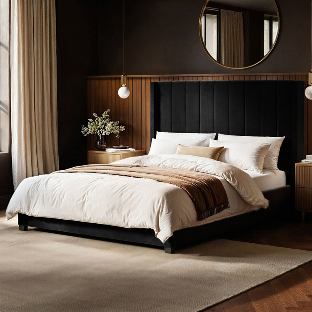 Flair Tiggy King Size Black Velvet Ottoman Bed with Winged Headboard Image 1