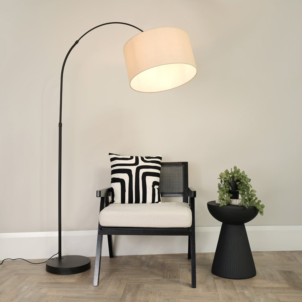 ValueLights Louis Natural Fabric Drum Shade Black Curved LED Floor Lamp Image 2