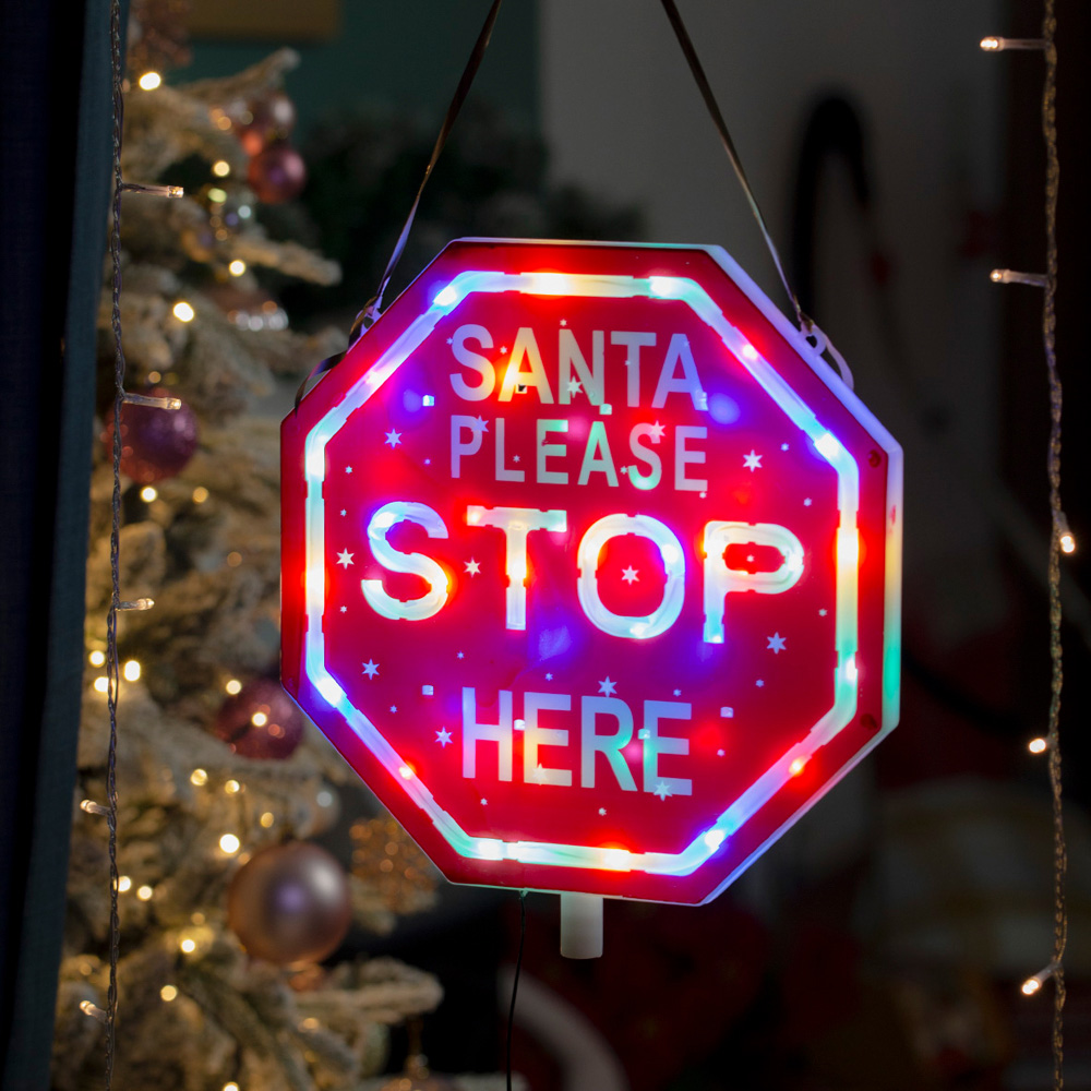The Christmas Workshop Multicolour Light Up Santa Please Stop Here Sign Post Image 3