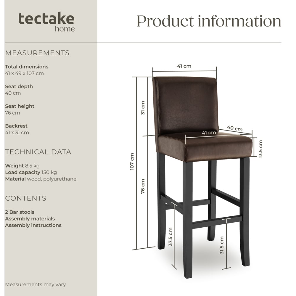 Tectake Brown Leather Padded Bar Stool Set of 2 Image 8