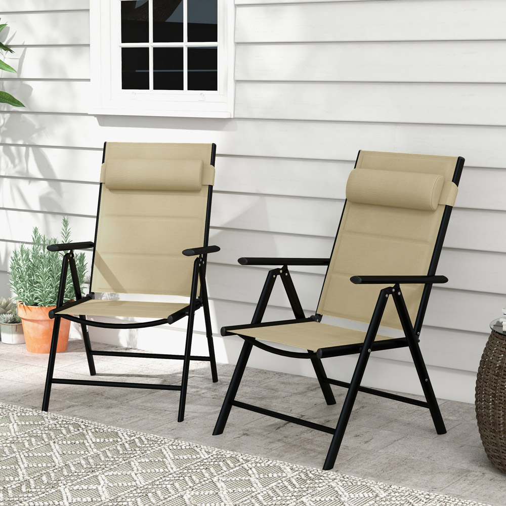 Outsunny Set of 2 Khaki Folding Chairs with Adjustable Back Image 1
