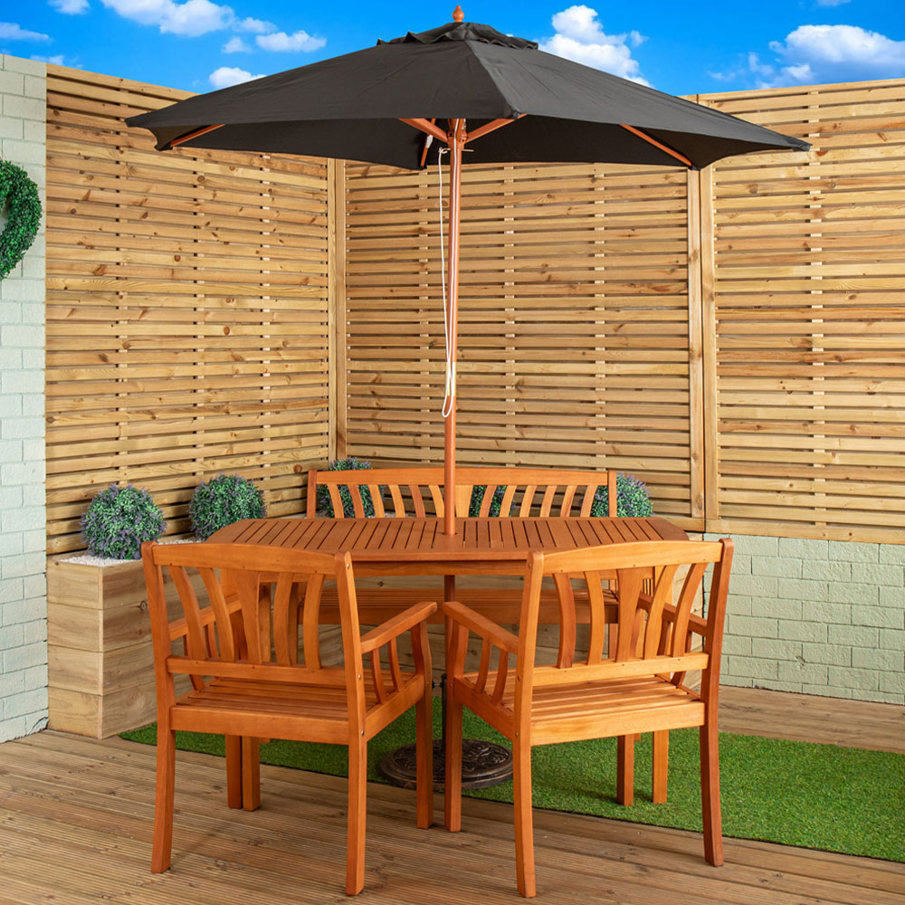 Samuel Alexander 4 Seater Wooden Garden Dining Bench Set with Black Parasol and Base Image 1