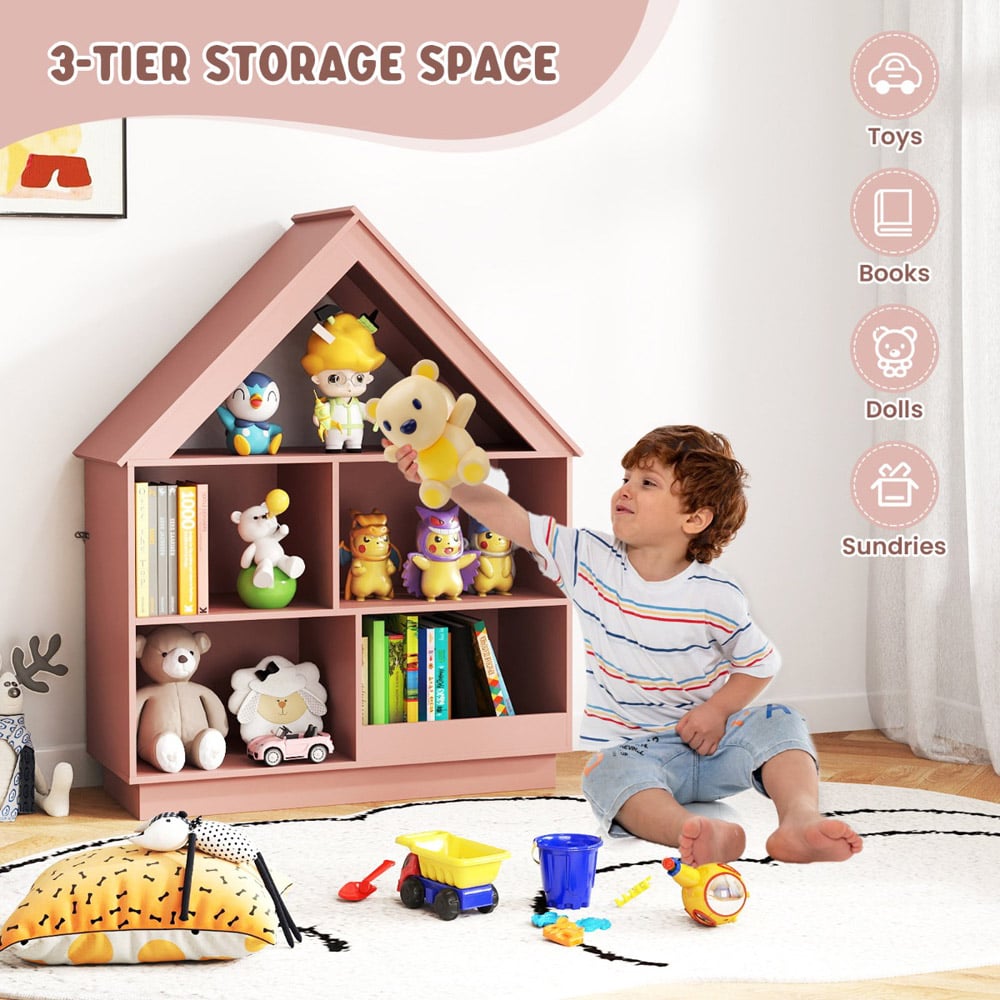 Costway Kids Dollhouse 3 Tier Pink Bookshelf with Anti Toppling Devices Image 5