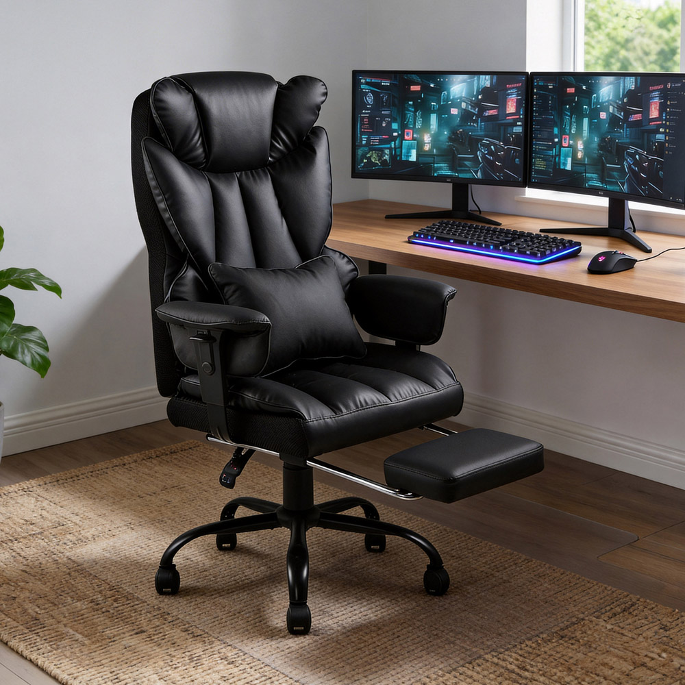 Living and Home Black Ergonomic Office Chair with Adjustable Armrests and Footrest Image 7