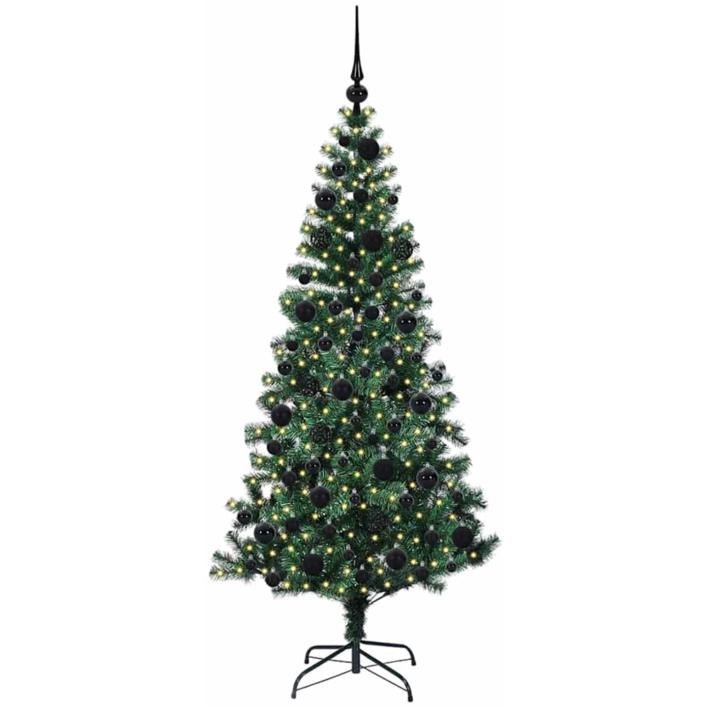 vidaXL Pre-Lit Black Baubles Green Artificial Christmas Tree 6ft Image 1