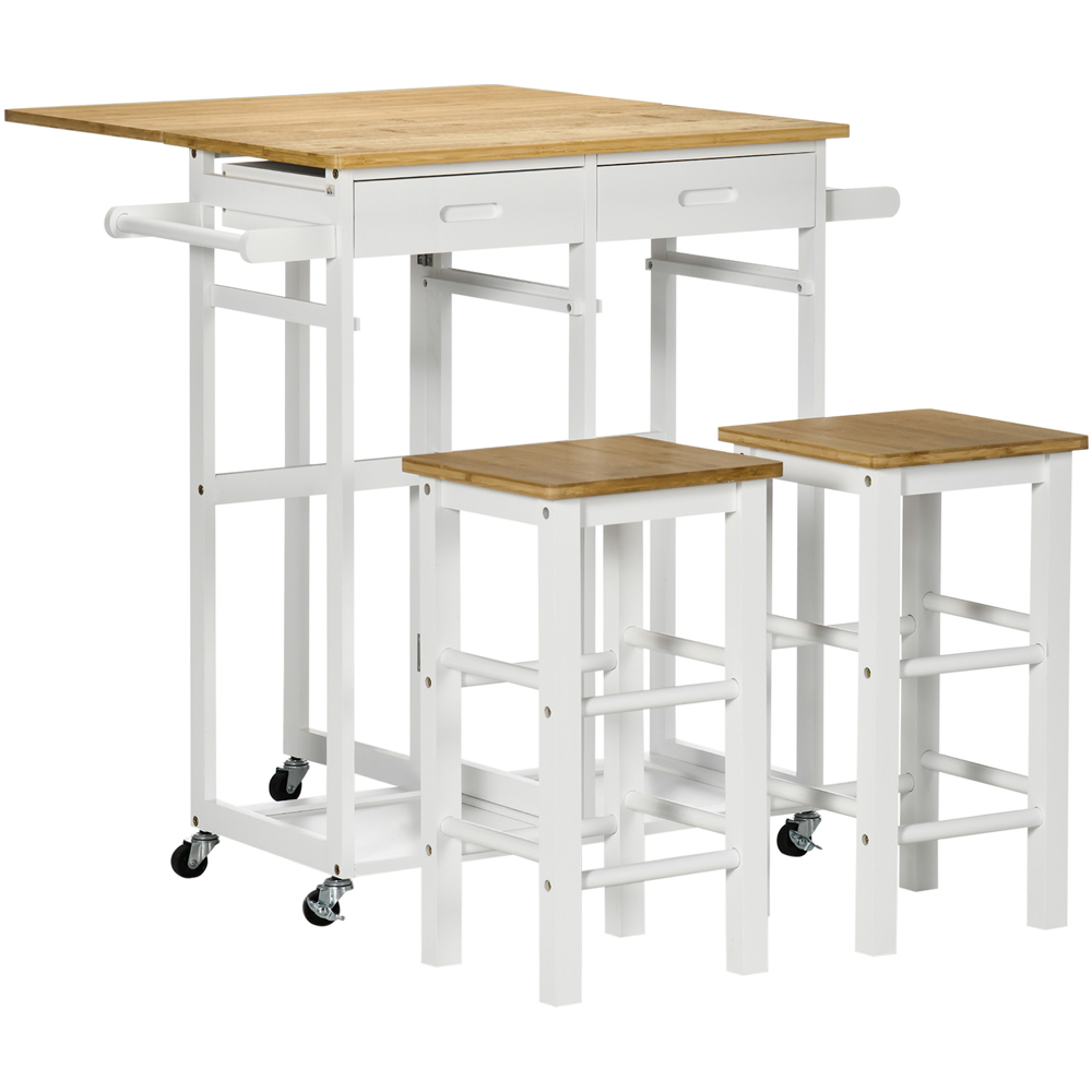 HOMCOM Bamboo Breakfast Cart with 2 Drawer Drop Leaf Table and Stools Image 2