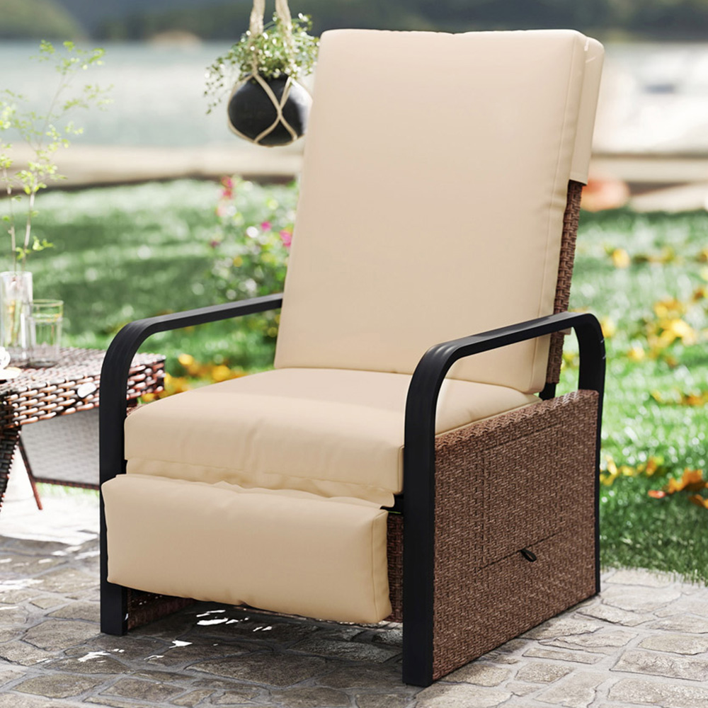 Outsunny Brown and Khaki Rattan Garden Recliner Chair Sun Lounger with Side Tray Image 1