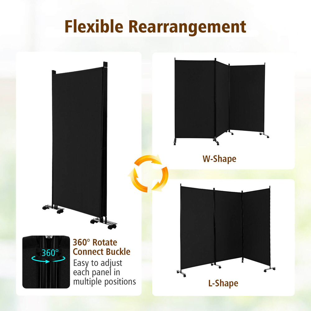 Costway 3 Panel Black Folding Room Divider with Wheels Image 7