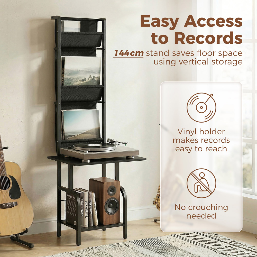 HOMCOM Black Vinyl Record Player Stand with Oxford Pockets Image 5