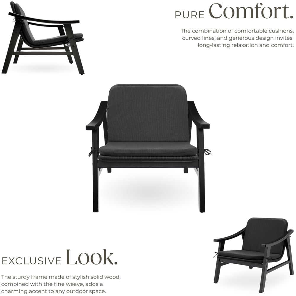 tectake Black Rattan and Varnished Wood Lounge Arm Chair Image 3