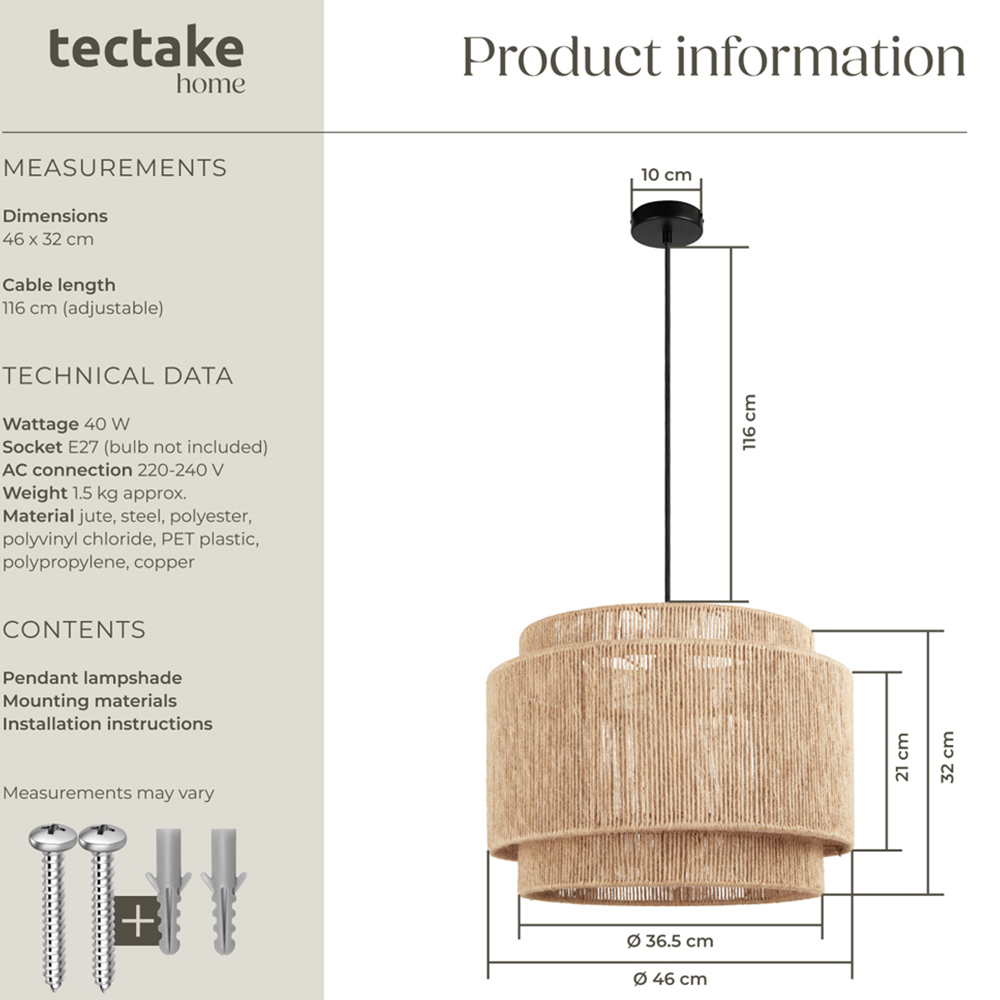 tectake Lignea 3-Tier Boho Chic Jute Fibre Pendant Light Image 9