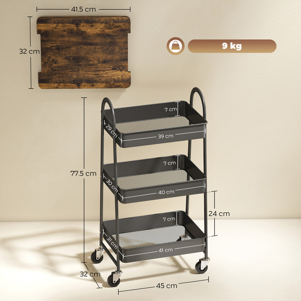 Portland 3 Tier Rustic Brown and Black Rolling Utility Cart with Mesh Baskets Image 9
