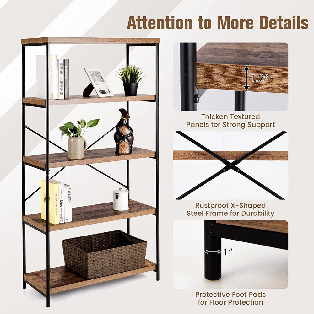 Costway 4 Shelf Brown Bookshelf Image 8