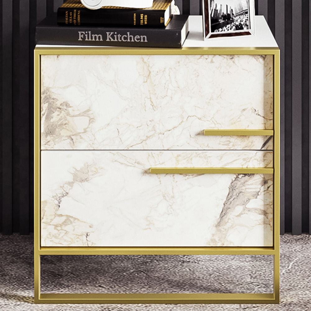 Decorotika Polka 2 Drawer White Marble Effect and Gold Bedside Table Image 1