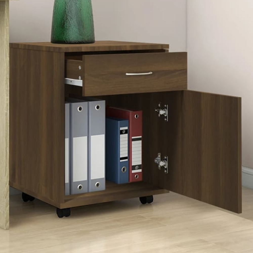 vidaXL Single Door Single Drawer Smoked Oak Rolling Storage Cabinet Image 1