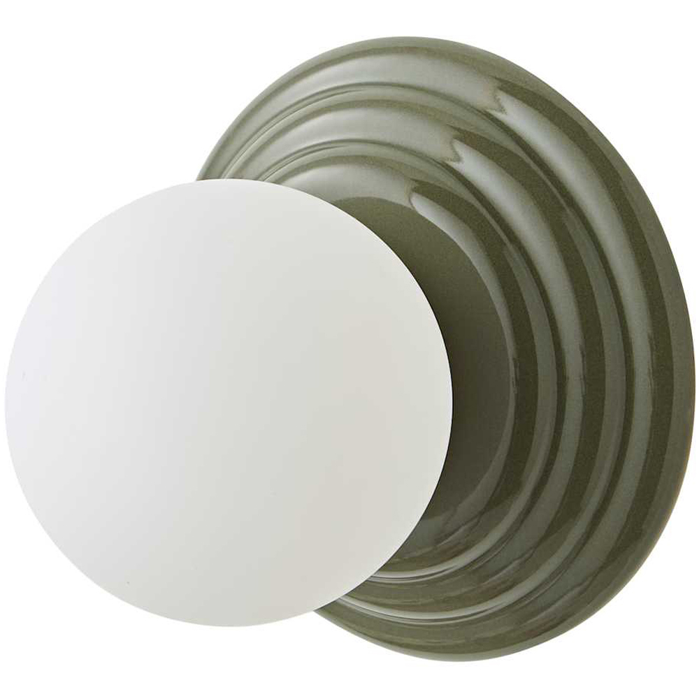 ValueLights Rue Frosted Glass Shade Olive Ribbed Ceramic Base Flush Wall Light with Bulb 2 Pack Image 1