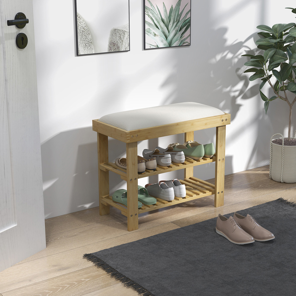 HOMCOM 2 Shelf Cream Bamboo Shoe Storage Bench Image 3