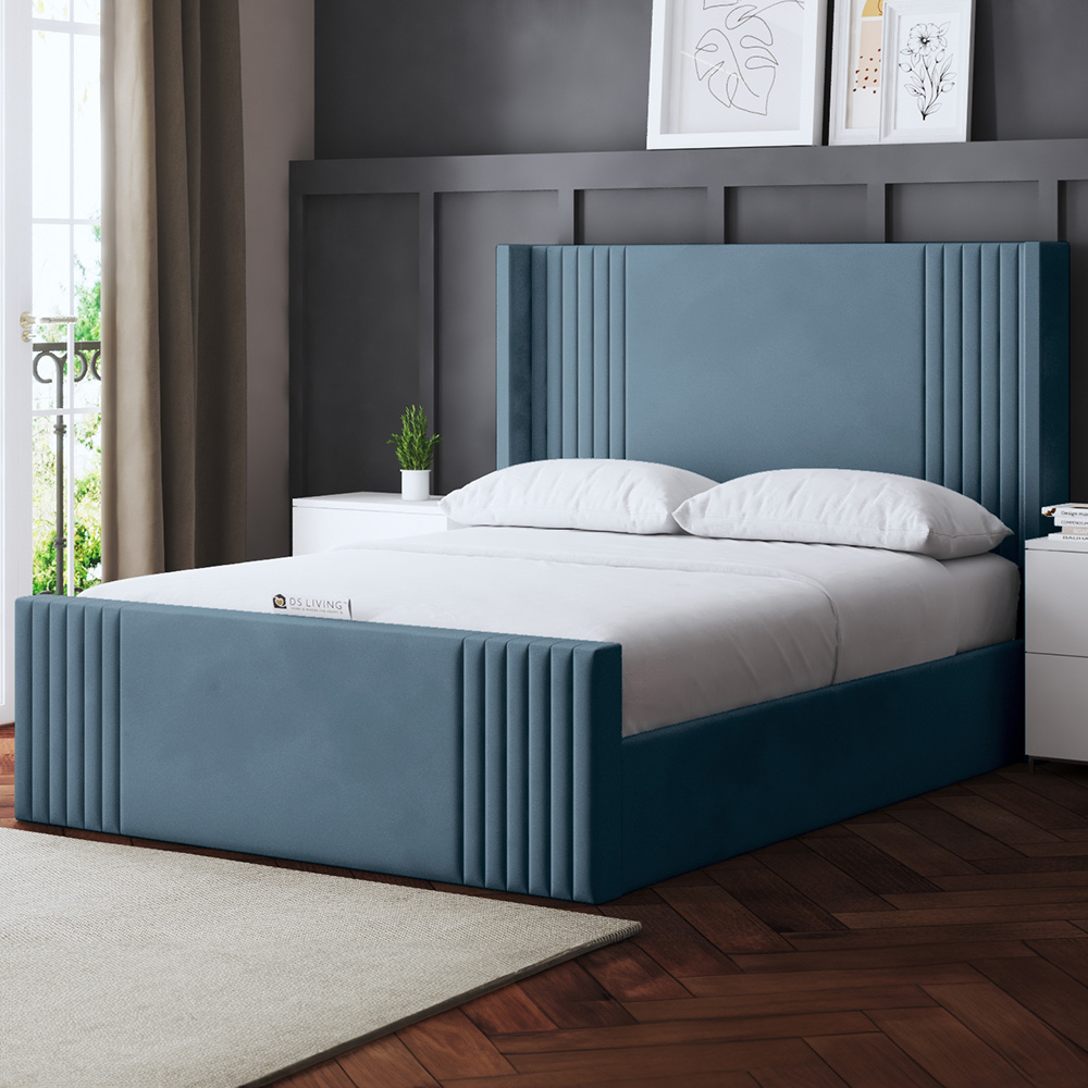 DS Living Elara Small Double Blue Winged Panel Ottoman Bed with Headboard Image 1