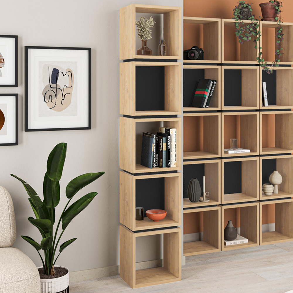 Decortie Multipurpose 5 Shelf Sapphire Oak Silky Black Bookcase Image 1