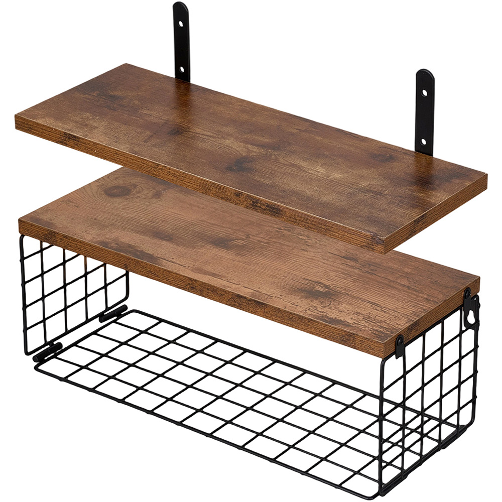 Living and Home 2 Shelf Wooden Wall-Mounted Floating Shelf with Wire Basket Image 2