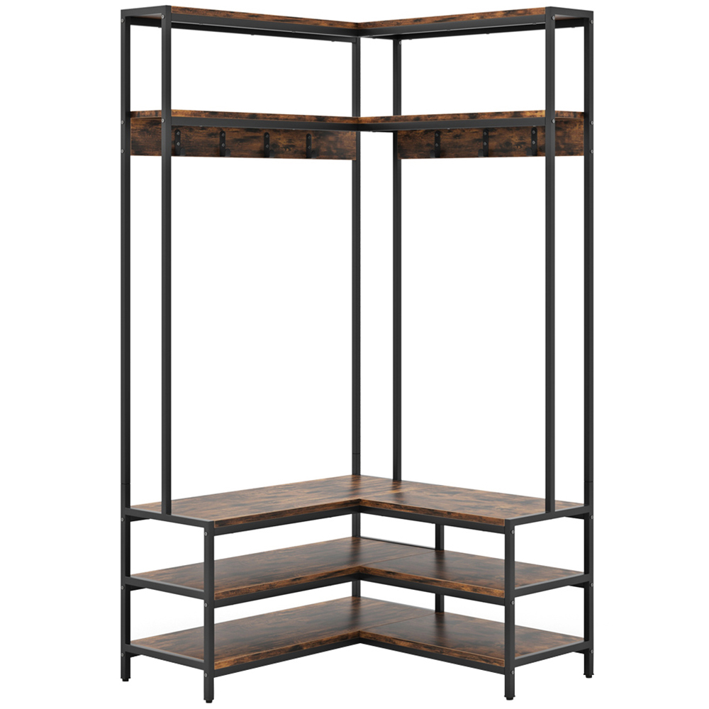 Costway 4 Shelf Rustic Brown L-shaped Clothes Corner Garment Rack with 7 Hooks Image 1