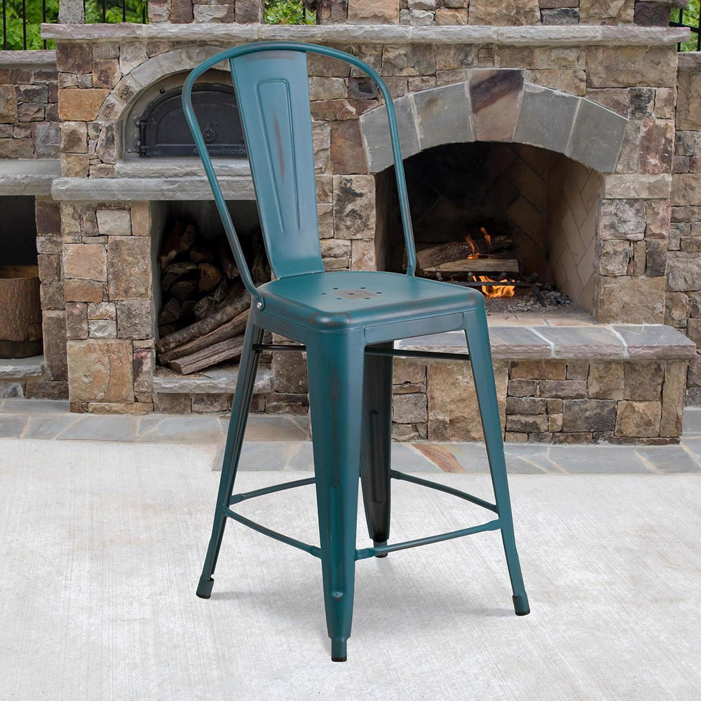 FWStyle Set of 4 Blue Teal Distressed Steel Bar Stool Image 5
