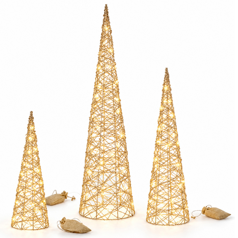 Samuel Alexander 3 Piece Warm White LED Light-Up Gold Weave Christmas Cone Tree Set Image 2