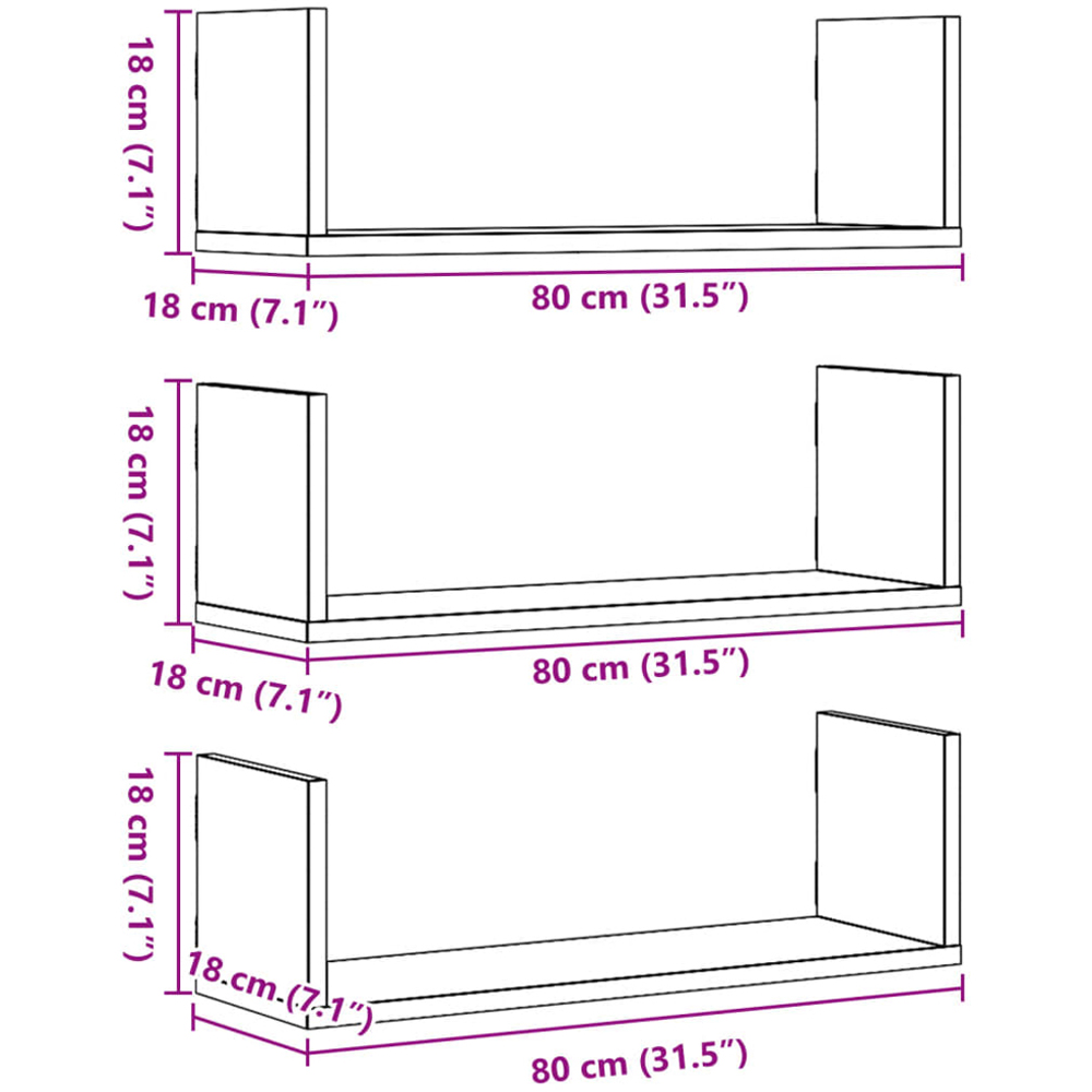 vidaXL 80 x 18 x 18cm Set of 3 Old Wood Wall Shelf Image 9