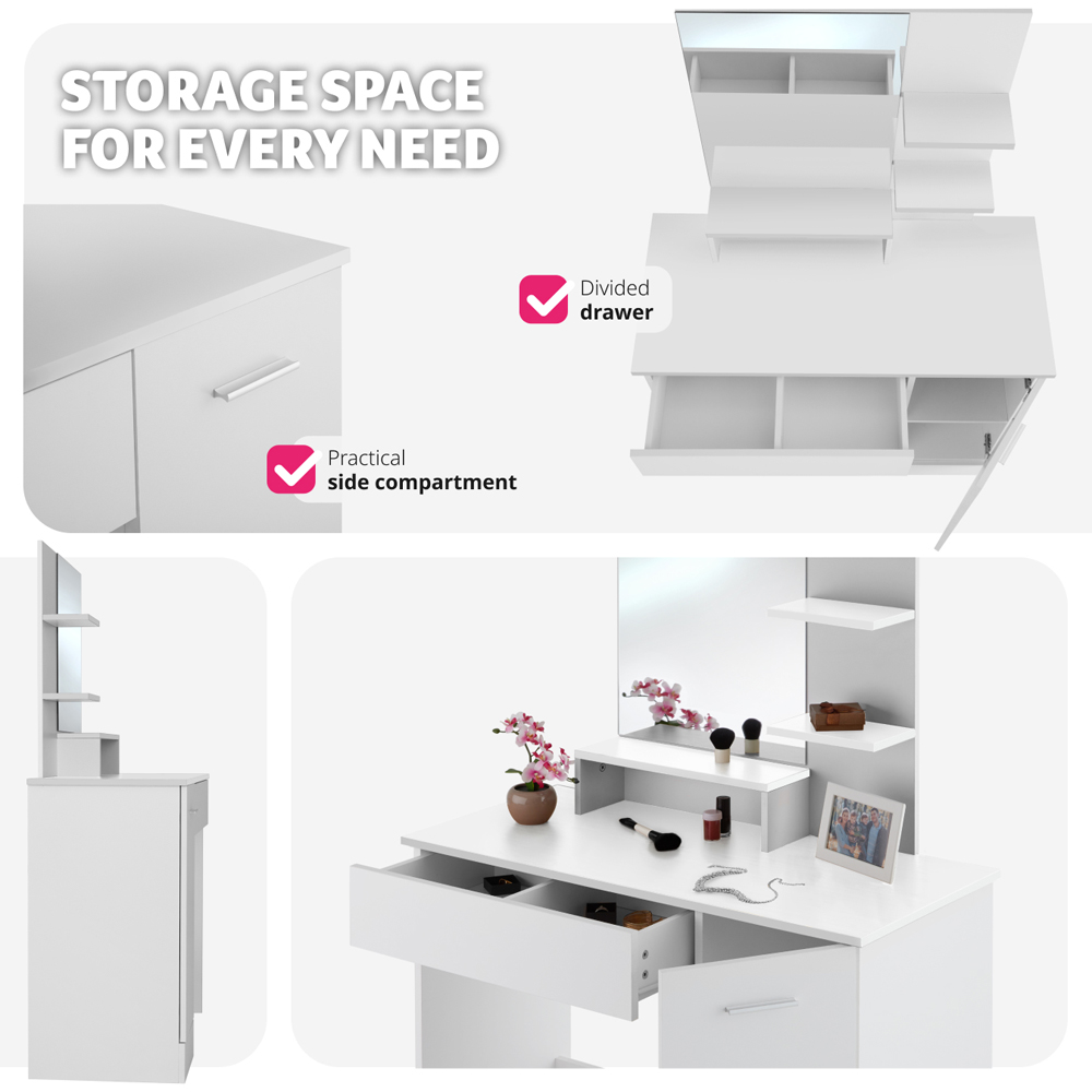 tectake Zoe Single Door Single Drawer White Dressing Table with Mirror Image 7