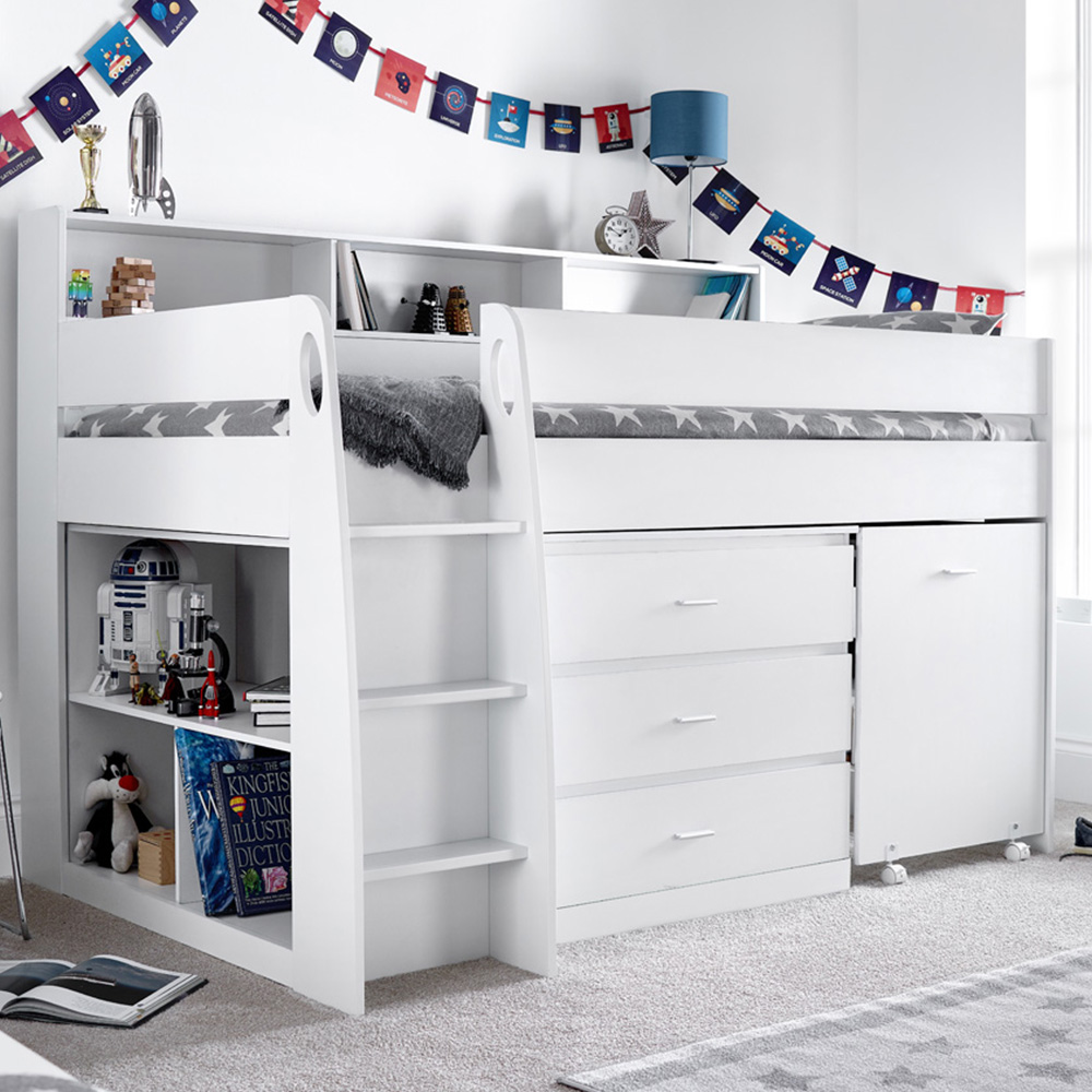 Ersa Mid Sleeper White Desk and Storage Bed with Orthopaedic Mattress Image 1