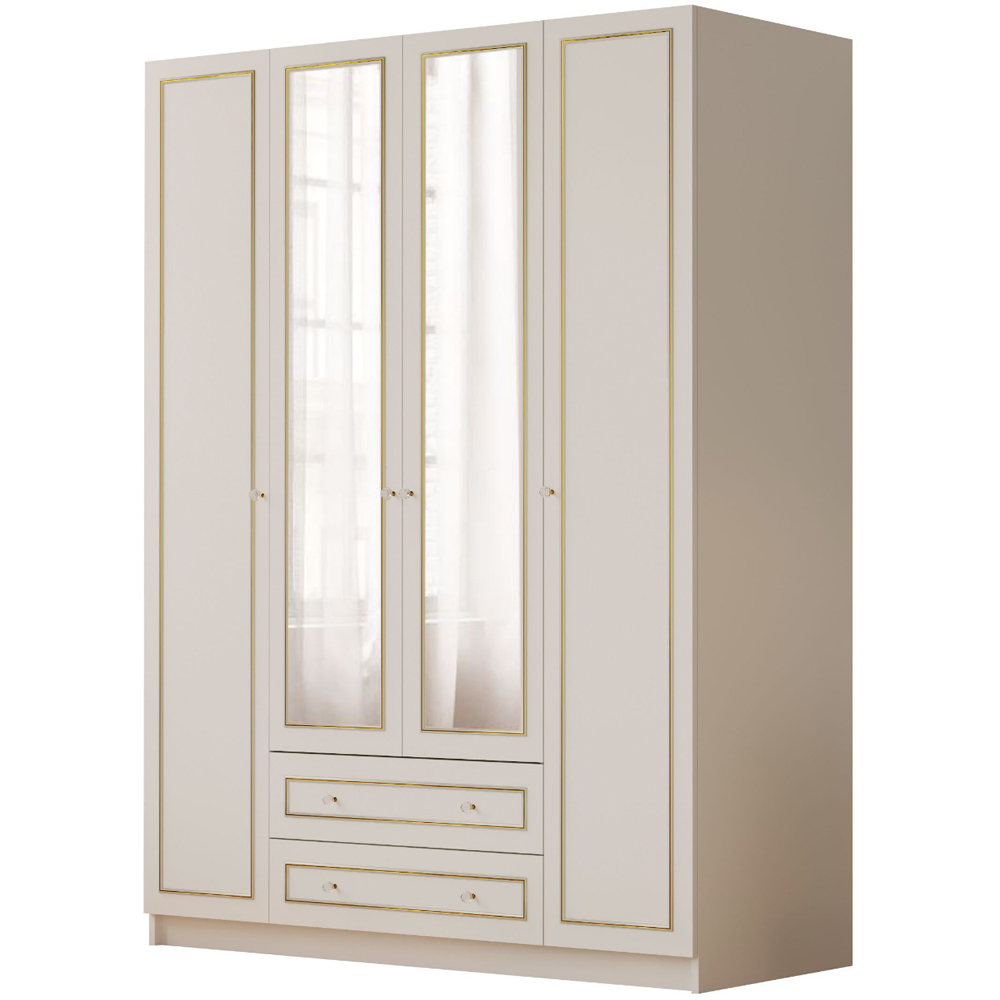 Evu MARIE 4 Door 2 Drawer Gold and White XL Mirrored Wardrobe Image 2