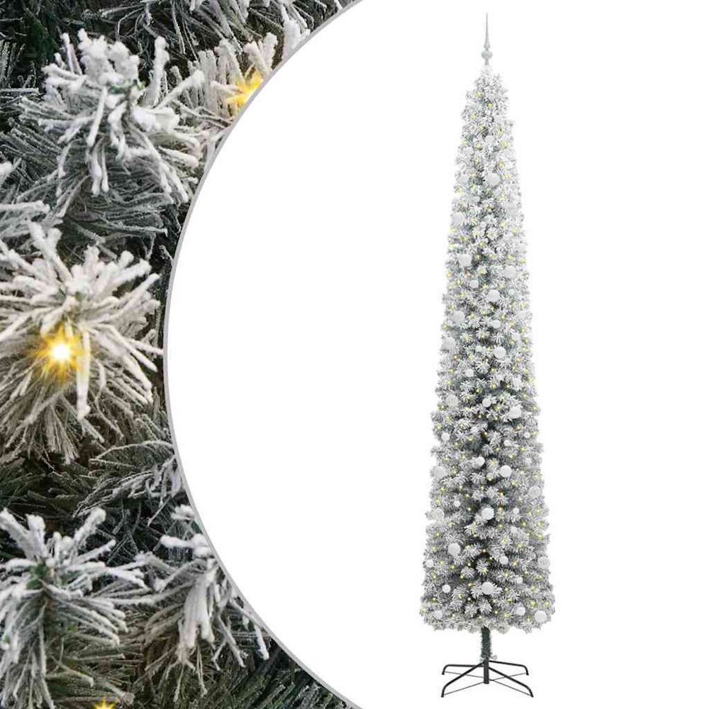 vidaXL 300 LED Pre-Lit White Baubles Green Artificial Snow Flocked Christmas Tree 9ft Image 2