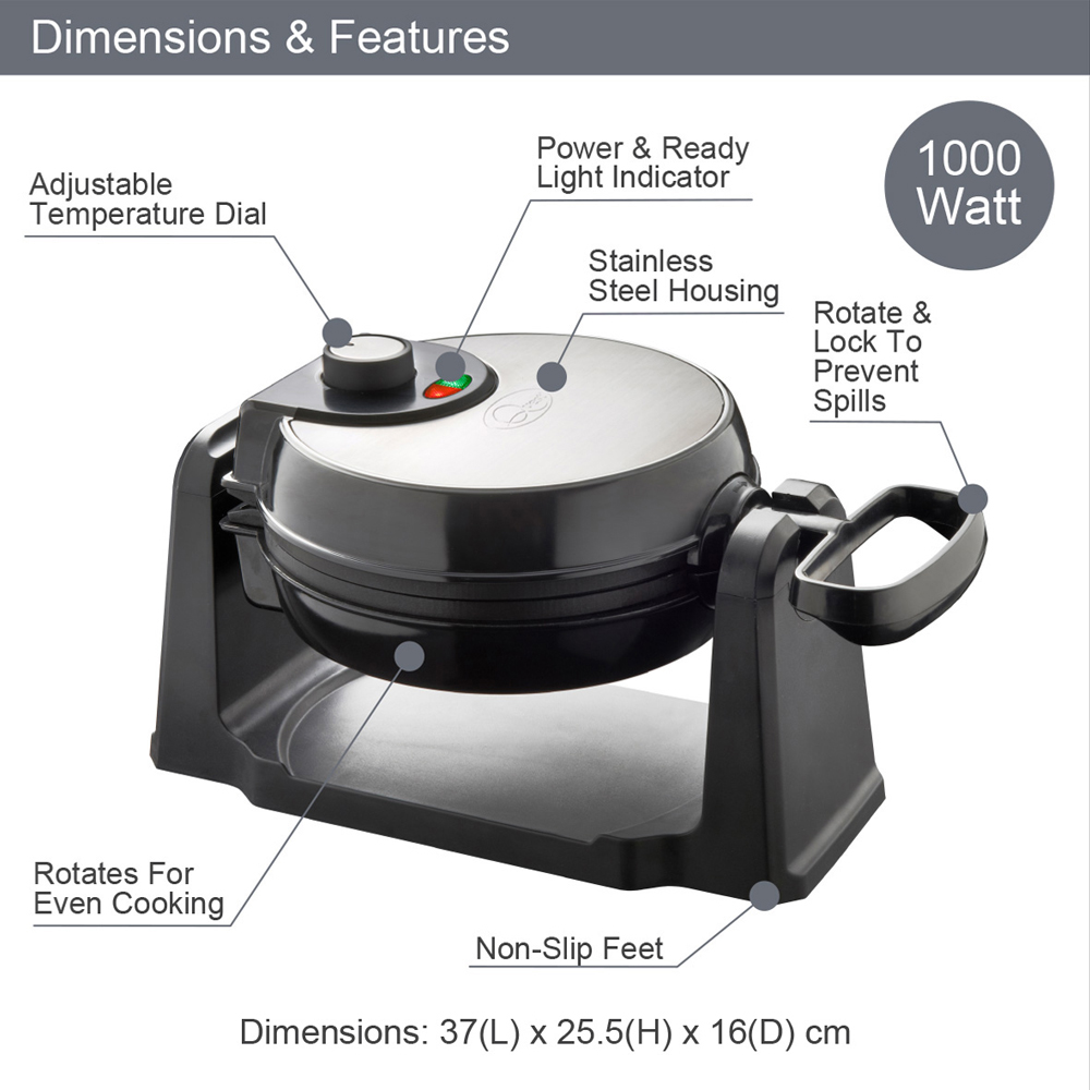 Quest Black and Silver 4 Slice Rotating Waffle Maker 1000W Image 7