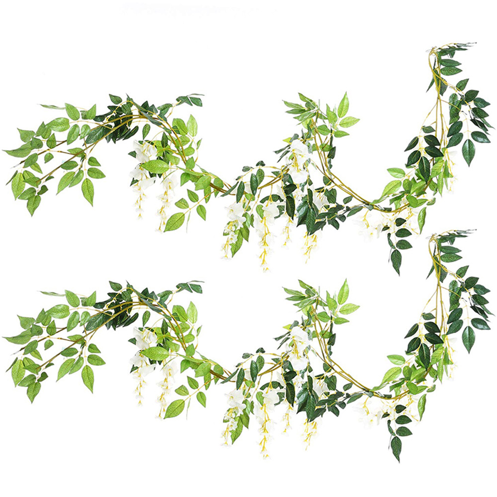 Living and Home Green and White Artificial Wisteria Hanging Garland 200cm 2 Pack Image 1