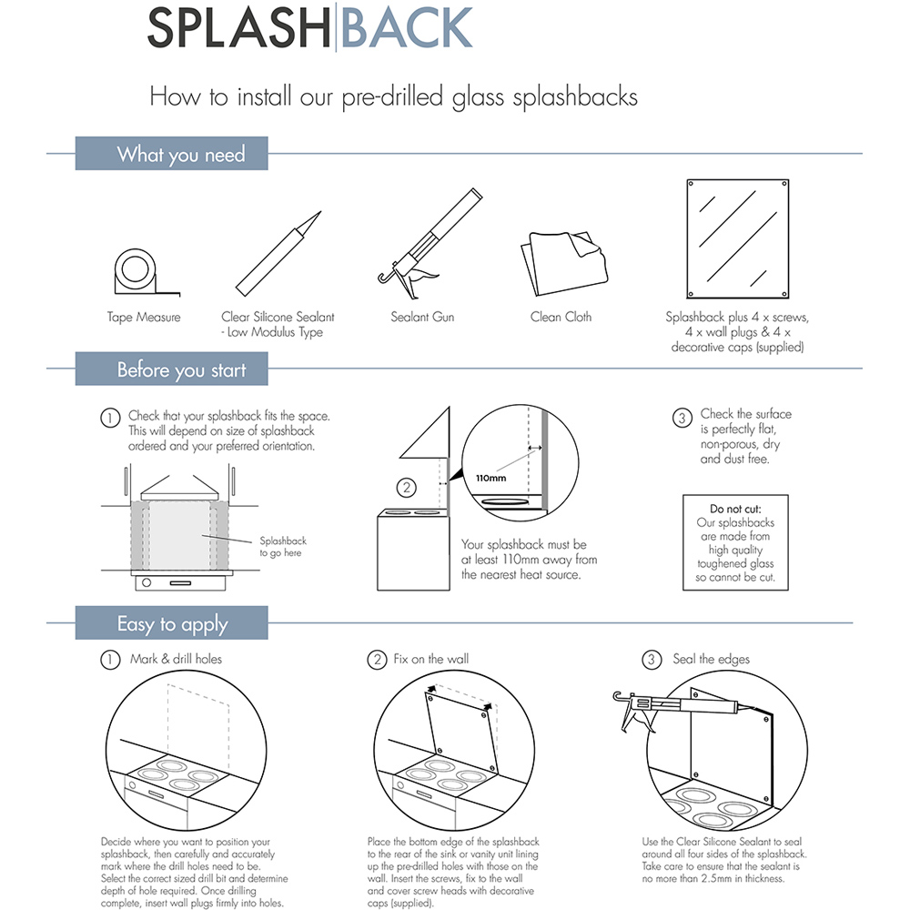 Splashback 0.6cm Thick Clear Kitchen Glass with Brushed Chrome Caps 60 x 75cm Image 4
