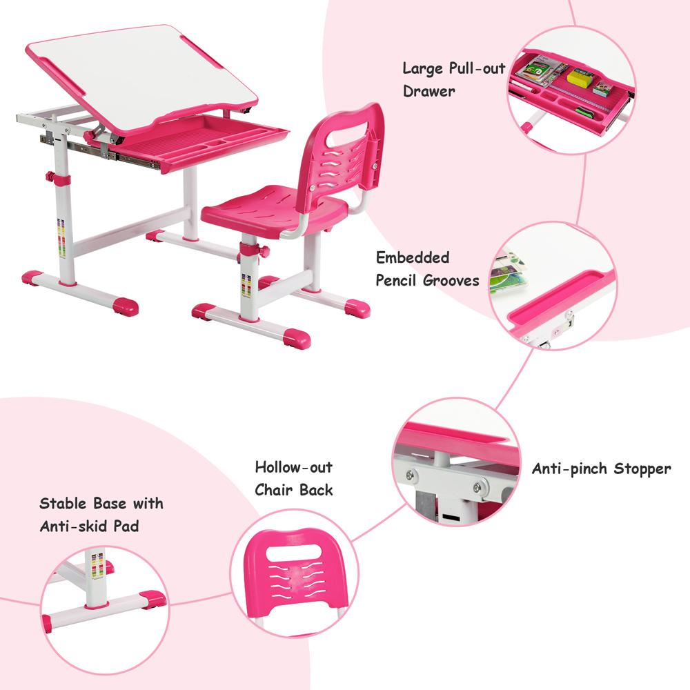Costway Adjustable Pink Kids Study Table and Chair Set Image 4