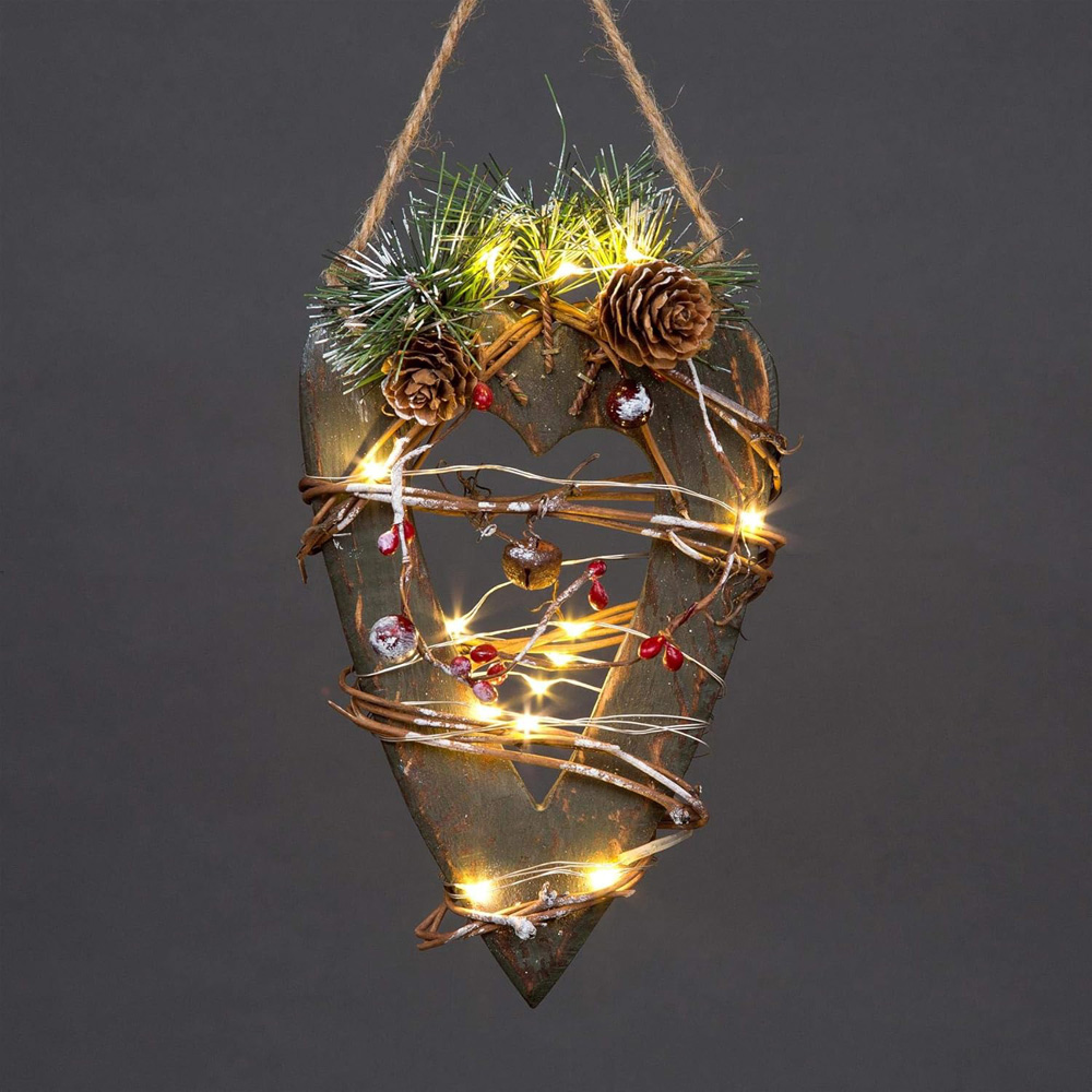Shatchi Green Heart Wooden LED Hanging Christmas Ornament Image 2