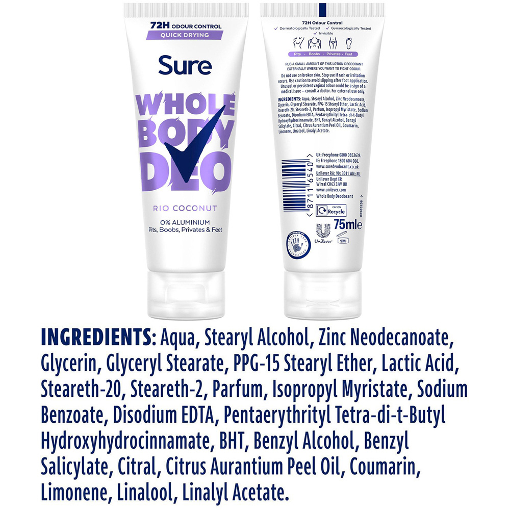 Sure Whole Body Rio Coconut 72H Odour Control Deodorant Cream 75ml 6 Pack Image 7