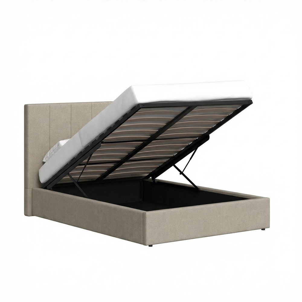 FWStyle Hoscar Small Double Beige Upholstered Lift-Up Ottoman Bed Frame with Ribbed Headboard Image 4