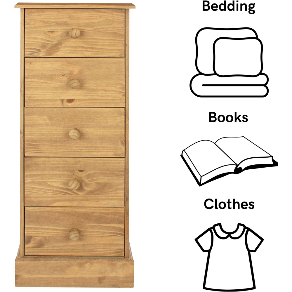 Core Products Cotswold 5 Drawer Pine Wood and MDF Narrow Chest of Drawers Image 6