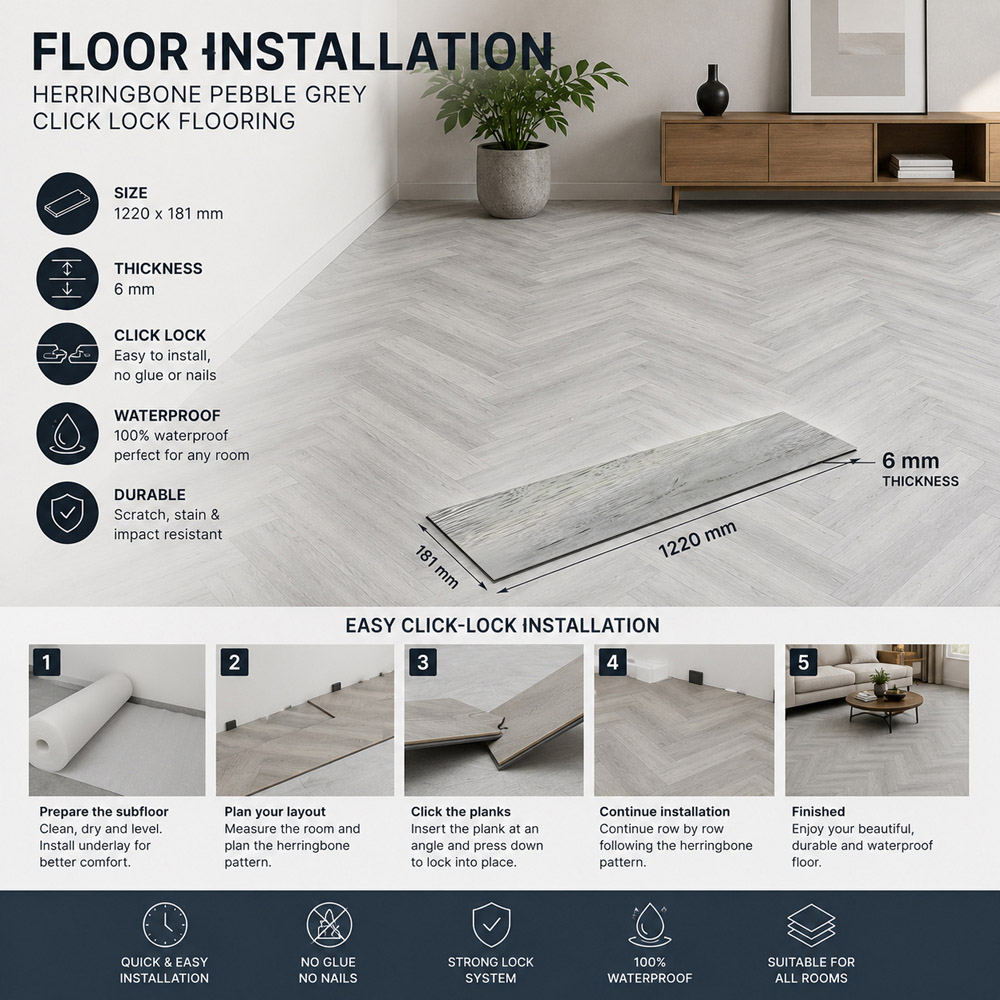 Britwall Pebble Grey Herringbone Wood-Embossed SPC Vinyl Flooring 625 x 125mm 20 Pack Image 6