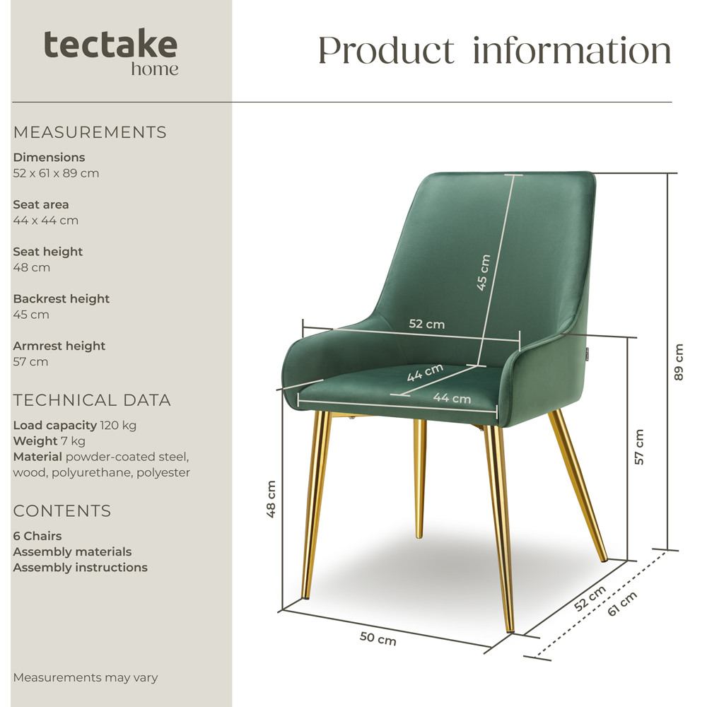 tectake Avane Set of 6 Green Velvet Look Padded Dining Chair Image 9