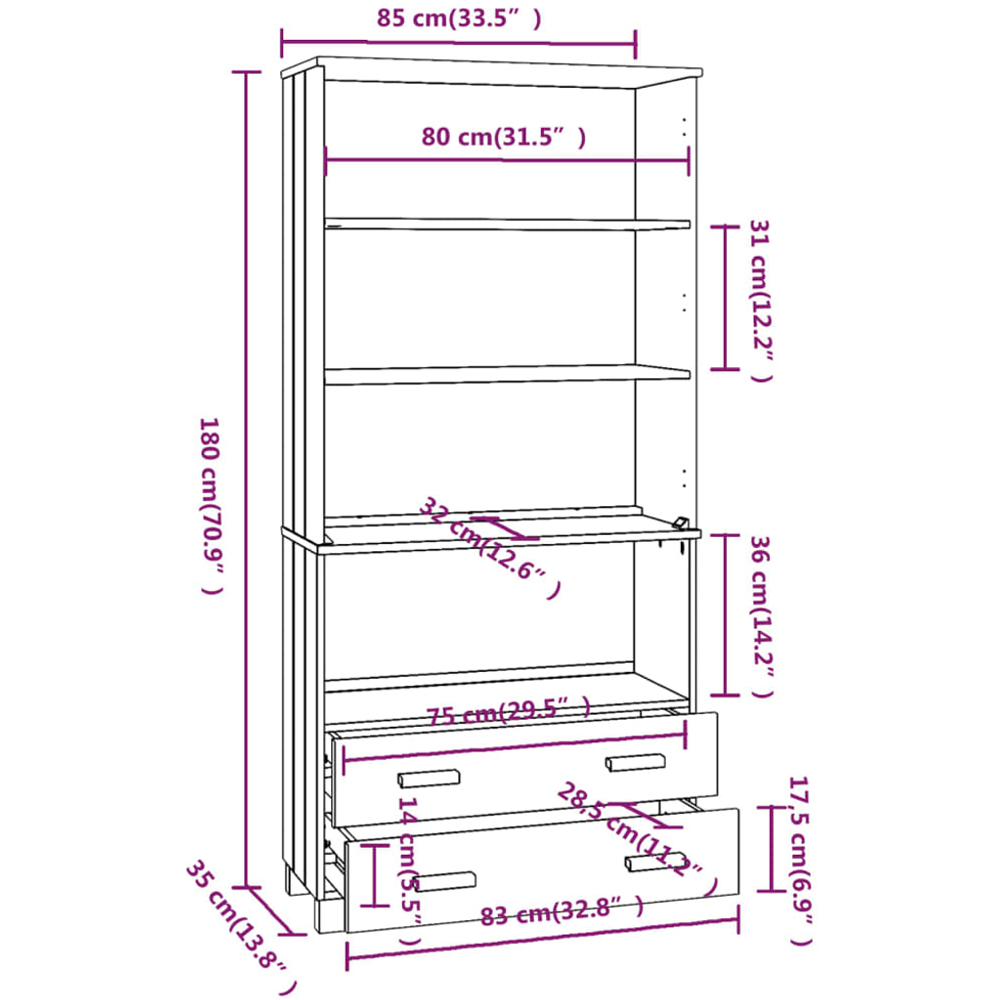 vidaXL 2 Drawer 4 Shelf Honey Brown Solid Pine Wood Highboard Image 9