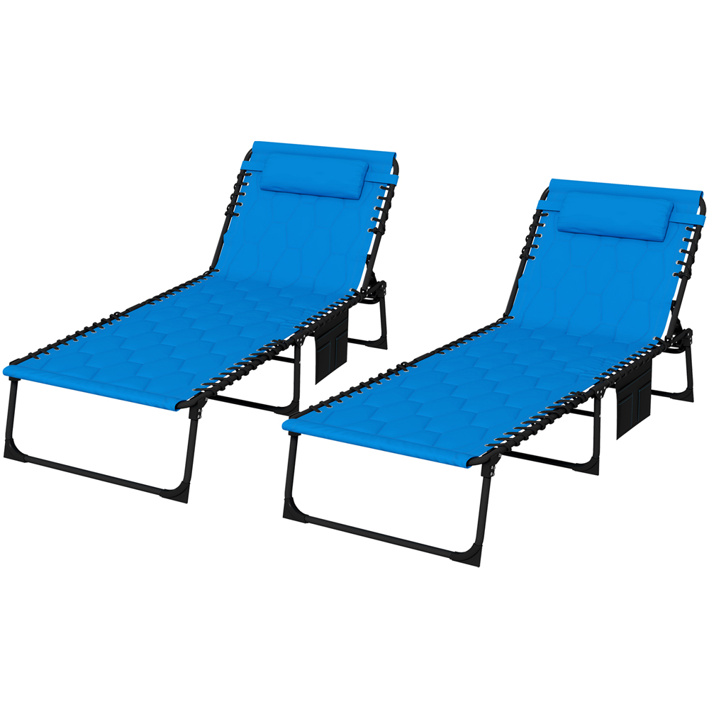 Outsunny Set of 2 Blue Foldable Recliner Sun Lounger with Side Pocket Image 2